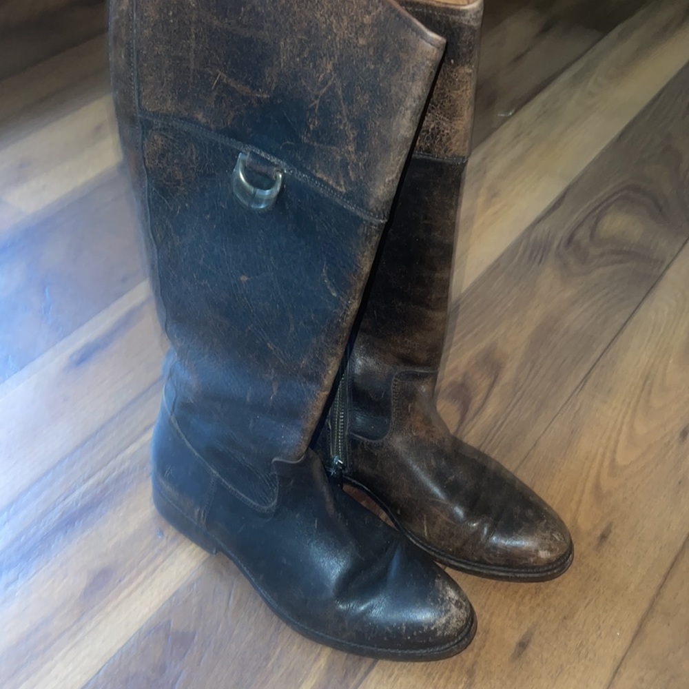 FRYE Distressed Black Brown Zip Up Riding Cowboy inner Zipper Leather Boots 6.5